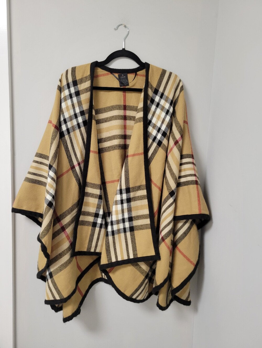V. FRAAS Tan Plaid Open-Front Poncho with Black Trim